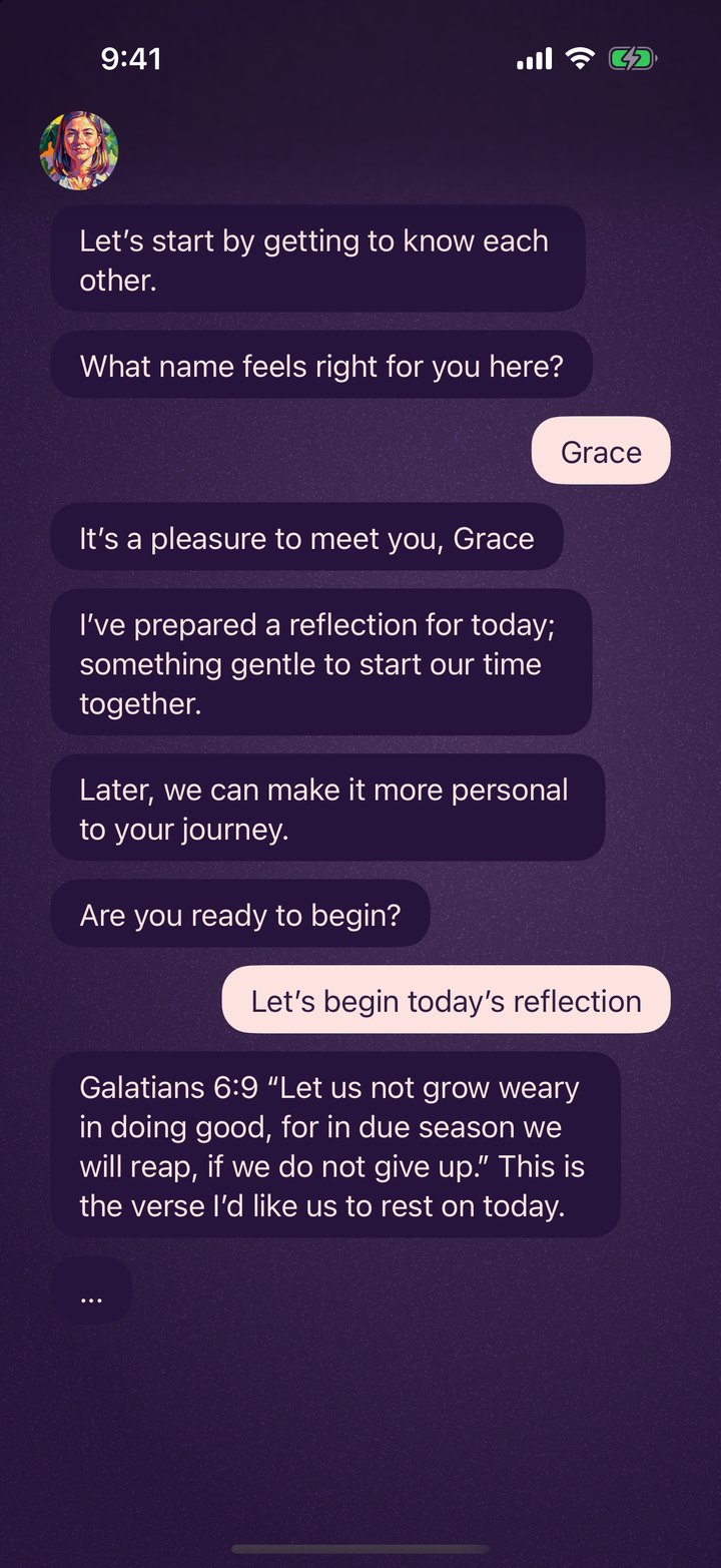A conversation in Fig Devotional: the guide greets Grace, offers a reflection, and shares Galatians 6:9