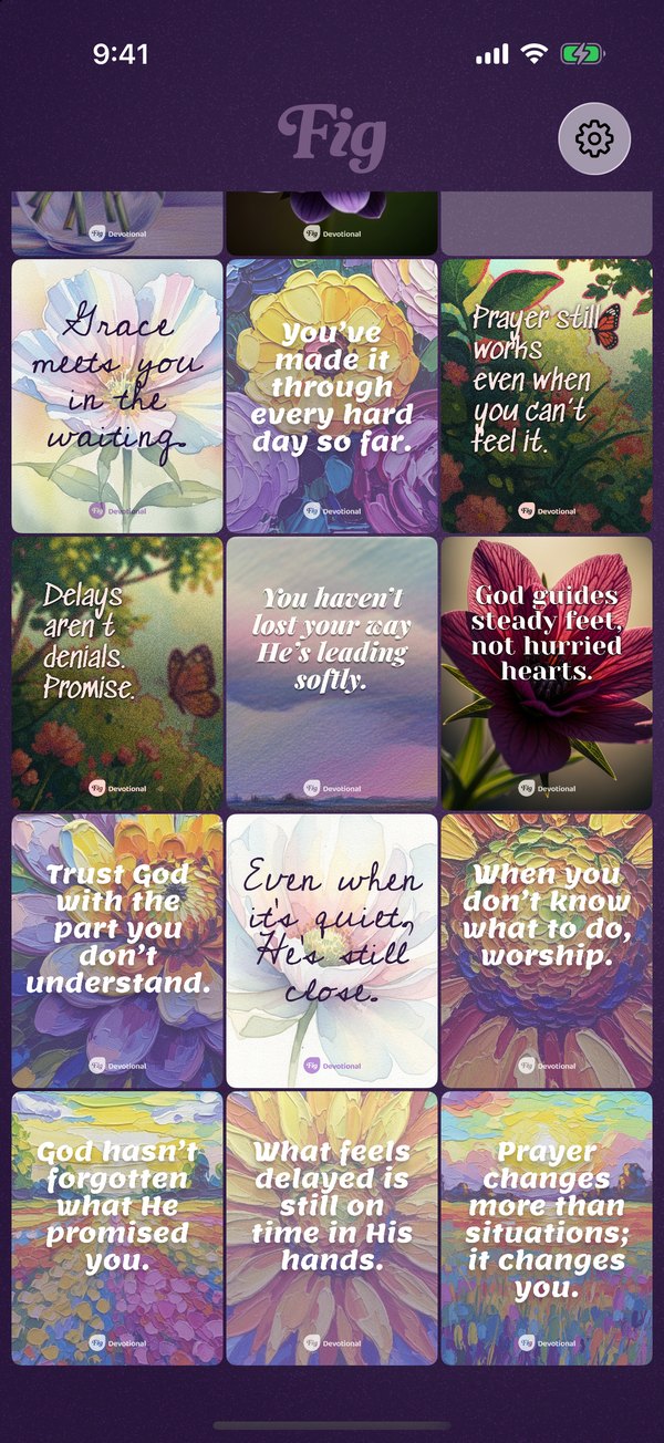 A collection of saved keepsake cards in the Fig Devotional app